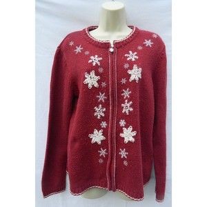 Croft & Barrow Christmas Sweater Red w/ Snowflakes P/L Full Zip Beads  Pilling